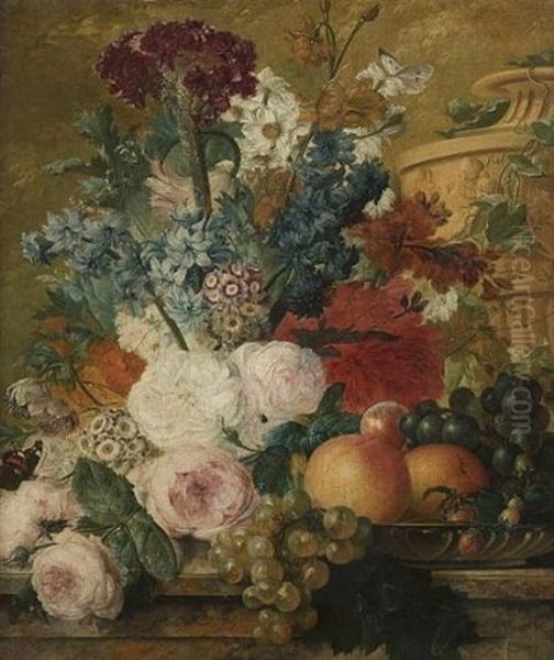 Roses, Narcissi, Delphiniums, Convolvulus And Other Flowers On A Stone Ledge, With Grapes, A Salver With Grapes, Peaches And Strawberries And Butterflies, A Carved Stone Urn Beyond - view 1