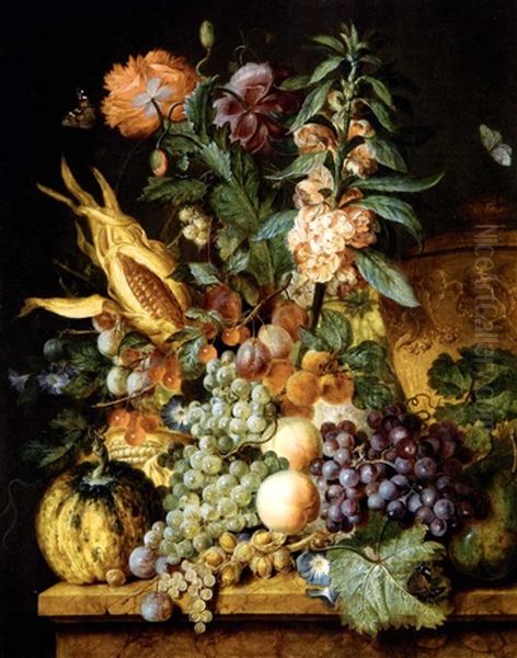 Composition Florale Avec Une Urne Sculptee Et Des Fruits - view 1