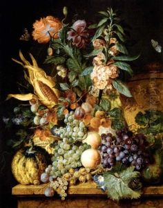 Composition Florale Avec Une Urne Sculptee Et Des Fruits Composition Florale Avec Une Urne Sculptee Et Des Fruits