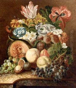 Grapes On The Vine, A Melon, Walnuts, Peaches, A Butterfly And A Bunch Of Flowers On A Stone Ledge