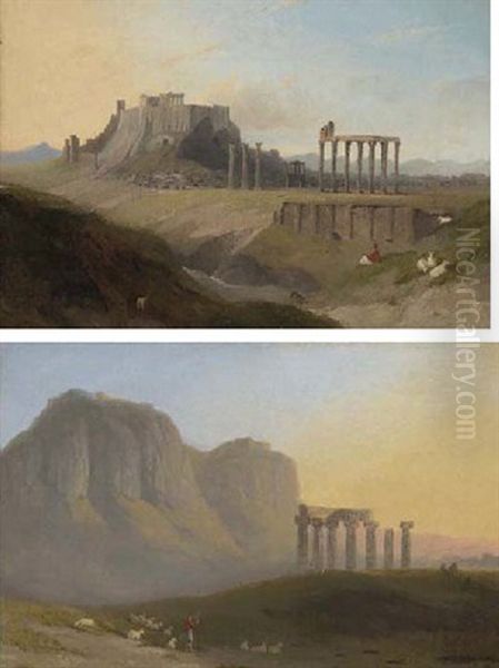 View Of The Temple Of Apollo At Corinth With Acro-corinth Beyond, A Shepherd With His Flock In The Foreground - view 1