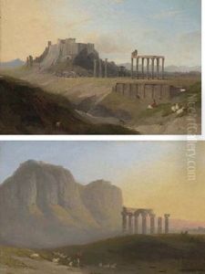 View Of The Temple Of Apollo At Corinth With Acro-corinth Beyond, A Shepherd With His Flock In The Foreground by William Linton