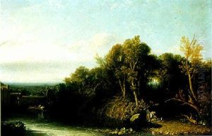 River Landscape With A Barge And A Distant View Of Mountains by William Linton