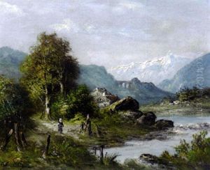 Promeneurs Au Bord De La Riviere Sur Un Sentier De Montagne