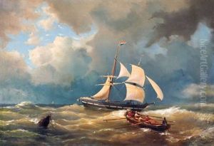Tweemaster Op Zee, Op De Voorgrond Mannen In Een Sloep