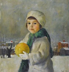 Madchen Mit Gelbem Ball Vor Winterlandschaft