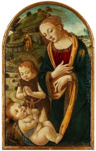 Madonna In Anbetung Des Jesuskindes Mit Dem Jungen Heiligen Johannes Und Heiligen Joseph Im Hintergrund by Filippino Lippi