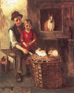 A Boy And Girl Feeding Rabbits by William Henry Lippincott