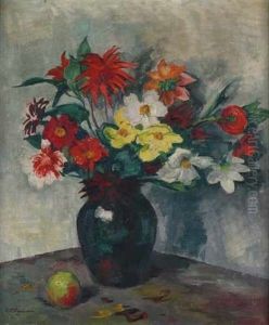 Stilleben Mit Herbstlichen Blumen In Einer Vase Und Einem Apfel by Karl Friedrich Lippmann
