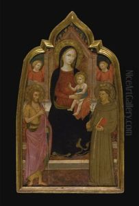 The Madonna And Child Enthroned With Saints John The Baptist And Francis Of Assisi And Two Angels by Lippo D`Andrea