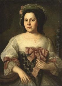 Portrait Of A Lady In A Black And White Embroidered Dress With Pink Ribbons And A Green Hat With Flowers