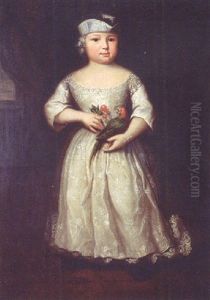 Portrait Of A Young Girl Wearing A White Silk Dress With A Feathered Cap, Holding A Parrot And A Twig Of Cherries