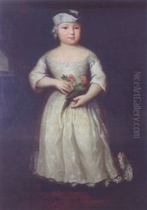 Portrait Of A Young Girl In An Interior By A Draped Window, Wearing A White Silk Dress Witrh A Feathered Cap Holding A Parrot