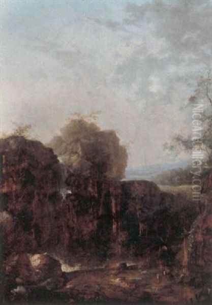 Romantisk Bjerglandskab Med Kvaeg Og Hyrde, Der Blaeser Alpehorn Ved Et Vandfald - view 1