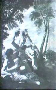 A Pair Of Lovers And A Satyr In An Arcadian Landscape by Jan (Pan) von Lis
