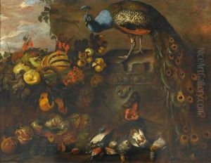 Fruchte- Und Jagdstilleben Mit Pfau