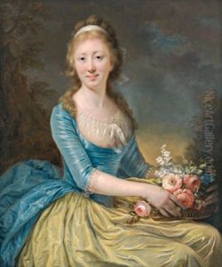 Dame In Gelb Und Blau Mit Einem Blumenkorb