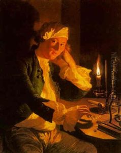 A Scientist Seated At His Desk By Candlelight by Anna Dorothea Lisiewski