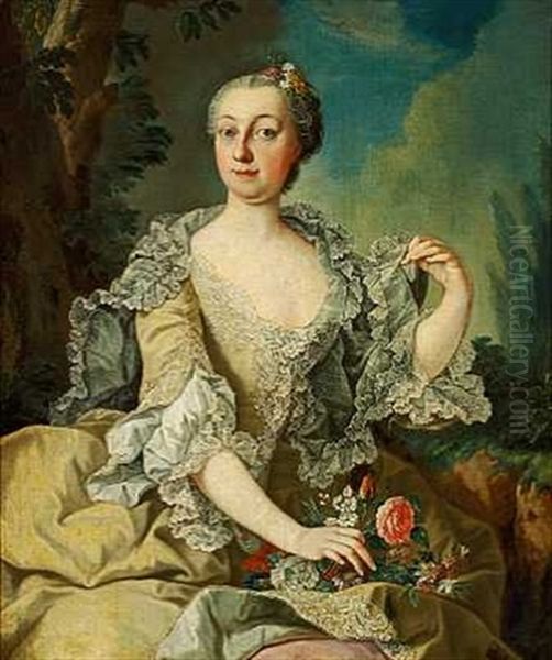 Portraet Af Katharina Friginn Von Knorr I Gragron Kjole Med Flaesekant Og Blomster I Handen, Siddende I Et Landskab - view 1