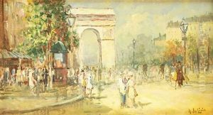 Strasenpromenade Mit Spaziergangern. Sommerliche Szene In Impressionistischer Manier