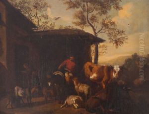 Rustic By A Barn With His Donkey And Other Animals by Dirck Van Der Lisse