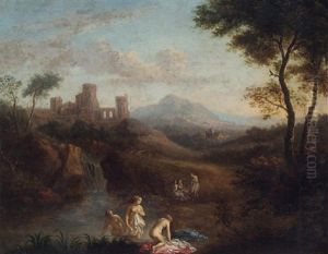An Italianate Landscape With Nymphs Bathing At A Pool by Dirck Van Der Lisse