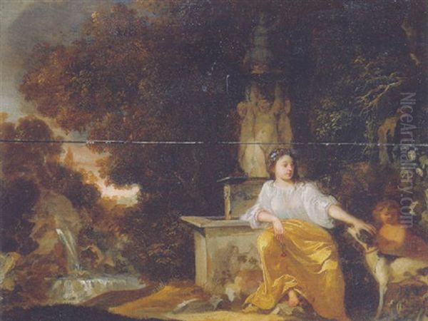 A Nymph Seated By A Fountain, On A Cliff, In An Italianate Landscape - view 1