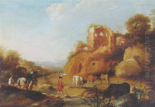 An Italianate Landscape With Drovers By A Stream, Classical Ruins On A Hill Beyond - view 1