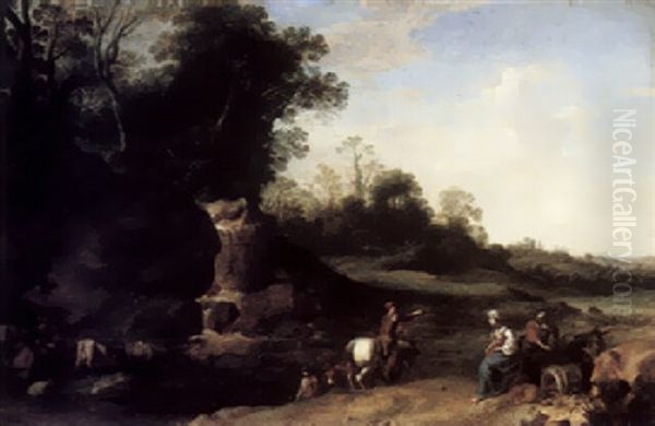 A Rocky Wooded Landscape With The Flight Into Egypt - view 1