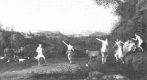 An Arcadian Landscape With Nymphs And Satyrs Cavorting by Dirck Van Der Lisse