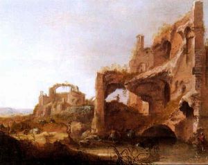 Cowherds Watering Cattle Among Classical Ruins by Dirck Van Der Lisse