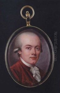 Portrait Of A Gentleman Wearing Powdered Wig With Side Buckles, Burgundy Coat, White Stock And Frilled Cravat