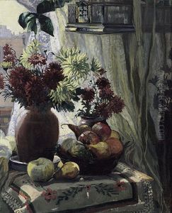 Blumenstilleben Mit Obstschale An Einem Sonnendurchfluteten Fenster Mit Durchblick Auf Wiener Dachlandschaft Blumenstilleben Mit Obstschale An Einem Sonnendurchfluteten Fenster Mit Durchblick Auf Wiener Dachlandschaft