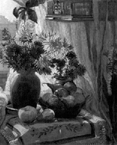 Stilleben Mit Chrysanthemen Und Fruchten Vor Dem Fenster - view 1