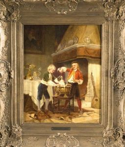 Prunkvolles Interieur Mit Grosem Kamin, Zwei Jungen Begiesen Einen Hund Mit Wein by Karl Josef Litschauer