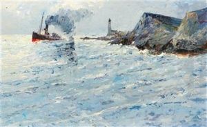 A Steamboat In A Landscape With Lighthouse by Leontine (Lea) von Littrow