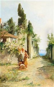 Three Girls Gathering Roses by Leontine (Lea) von Littrow