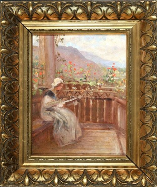 Lesende Frau Auf Veranda - view 1