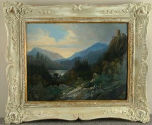 Romantische Alpenvorlandschaft Mit Burganlage Und Jager by Carl Stephan Bennet
