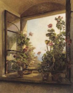 Blumenstocke Am Fensterbrett, Im Hintergrund Sudliche Meereslandschaft