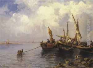 Muschelfischer Mit Ihren Booten In Der Lagune