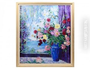 Flowers In A Vase On A Table With A View Of A Lake With Sailboats And Wisteria Flowers In A Vase On A Table With A View Of A Lake With Sailboats And Wisteria