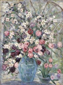 Floral Still Life With Tulips And Flowering Branches by Dorothea M. Litzinger