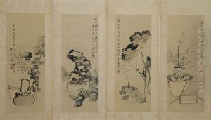 4 Screen Paintings Of Seasonal Flowers, Liu Xiling 4 Screen Paintings Of Seasonal Flowers, Liu Xiling