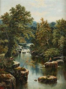 Girl Seated On Rock By Waterfall by Henry John Livens