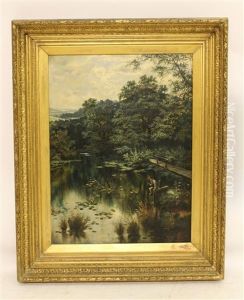 Riverscene With Boy Fishing In The Foreground by Henry John Livens