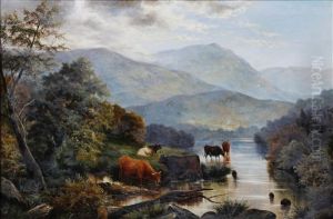 River Landscape With Cattle Watering, And Another, Sheep On A Moorside, Probably In North Wales (pair) by Henry John Livens