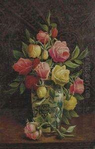 Roses In A Porcelain Vase by Henry John Livens