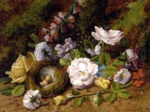 Summer Flowers And A Bird's Nest With Eggs On A Mossy Bank by Henry John Livens