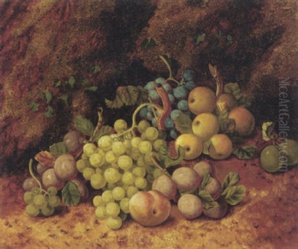 Plums, Apples, Grapes And A Peach, On A Mossy Bank - view 1